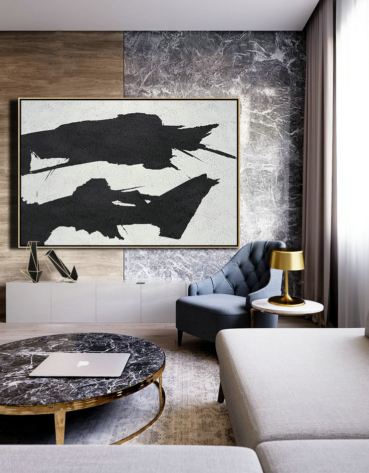 Big Art Canvas,Hand Painted Oversized Horizontal Minimal Art On Canvas, Black And White Minimalist Painting - Acrylic Painting Large Wall Art